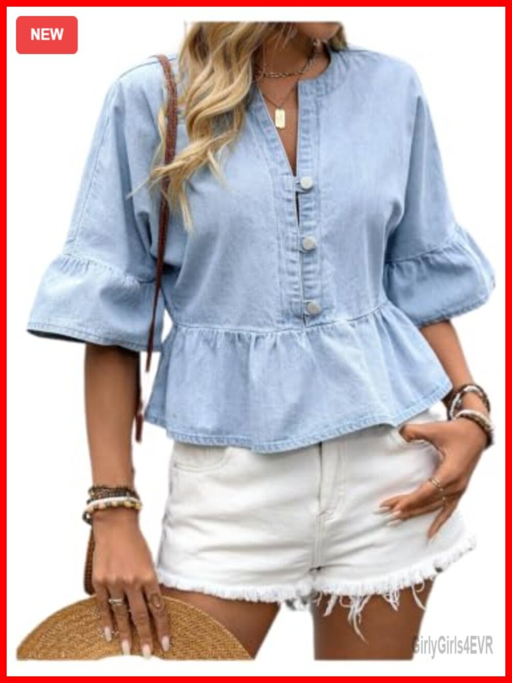 Denim Peplum Hem Button Front Top 3/4 Sleeve Notch Neck Blouse